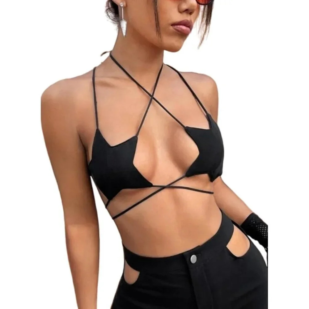 Women Sexy Halter Party Dance Bra Strappy  Crisscross Wrap Tie Music Outfit